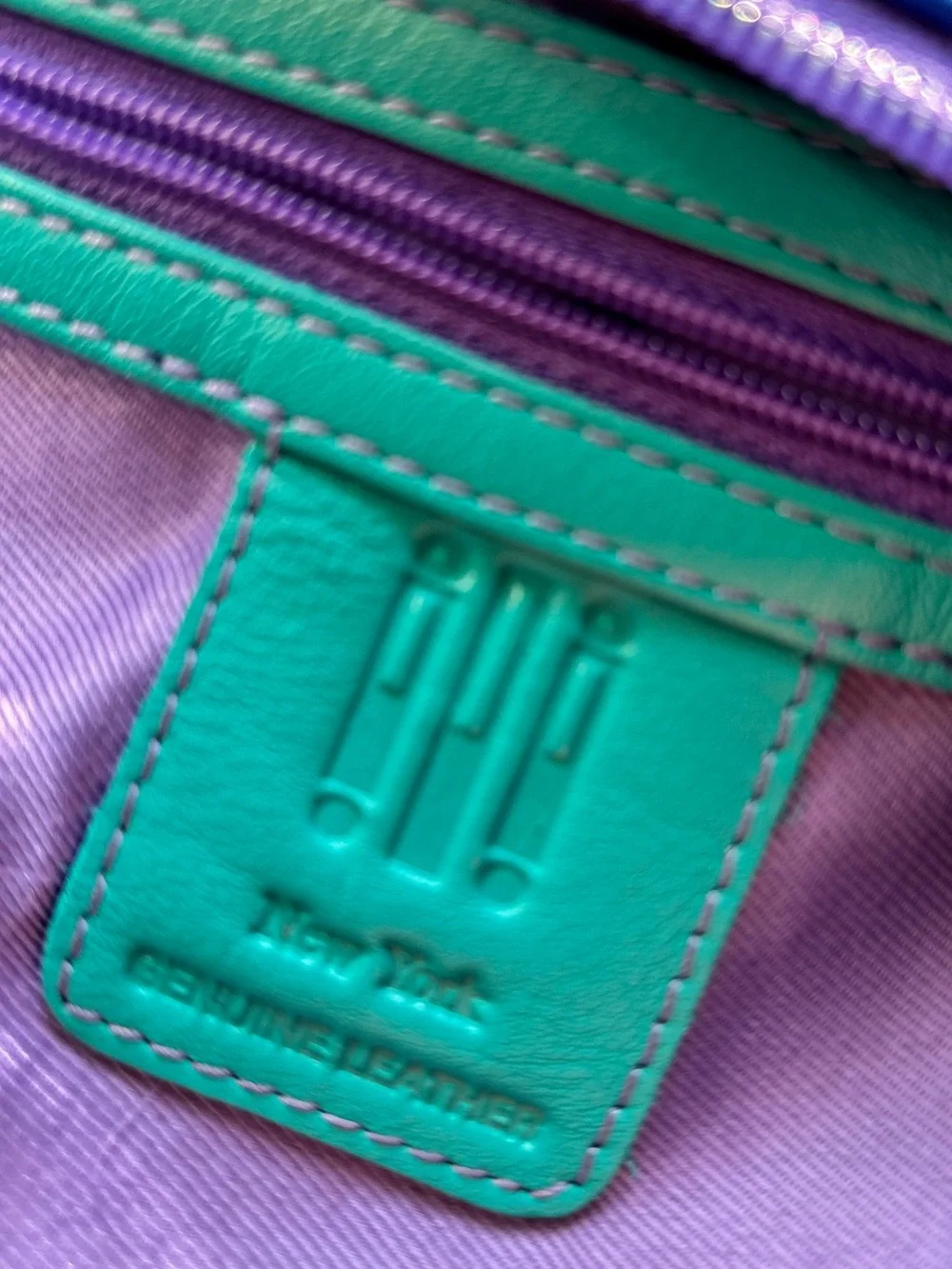 ILI NEW YORK colorful LEATHER crossbody bag POCKETS 80s colors! Blue teal purple - Picture 4 of 10